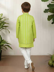 Ensemble kurta pour garçons, vêtements ethniques, tenue de fête traditionnelle, kurta à manches longues imprimé avec pyjama crème, ensemble élégant. - Product Image 2