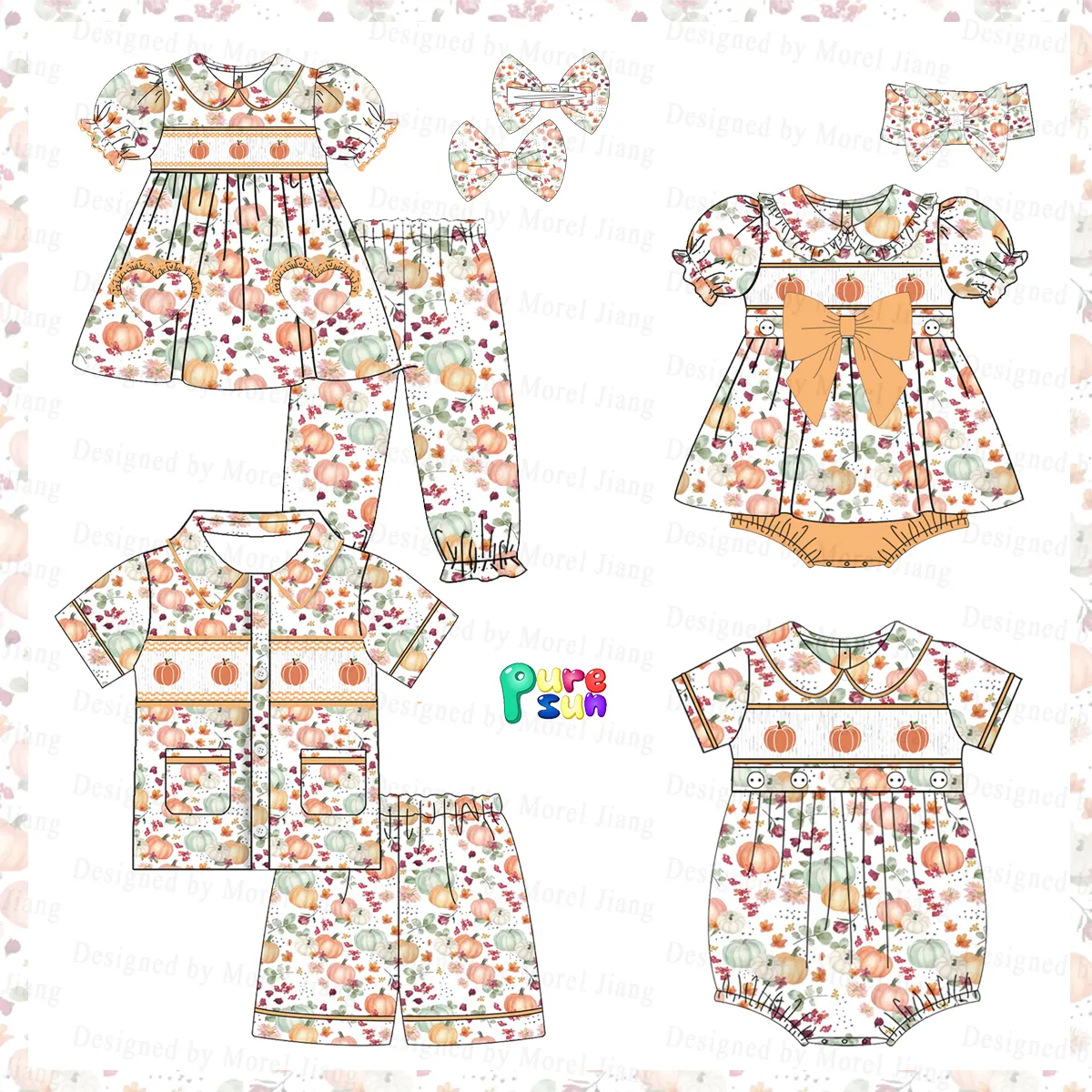 Puresun 2024 Kids smock pajamas fruit embroidery wholesale baby clothes girl clothing sets