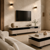 Ensemble table basse et meuble TV en marbre beige crème moderne, structure en bois massif, écologique, durable, robuste, plateau surdimensionné, finition personnalisée 1