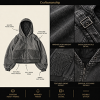 Veste noire vintage délavée pour homme, matelassée, coupe carrée, courte, à capuche, style streetwear, fabrication sur mesure pour marque privée