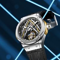 Montre mécanique squelette tourbillon personnalisée pour homme, étanche, boîtier octogonal en acier inoxydable, vente en gros