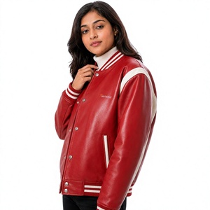 Chaqueta Universitaria de Cuero Sintético Rojo para Mujer, Marca Tiiernwear, con Franja Blanca en Contraste, Manga Larga, Cuello Camisero, para Otoño - Product Image 1