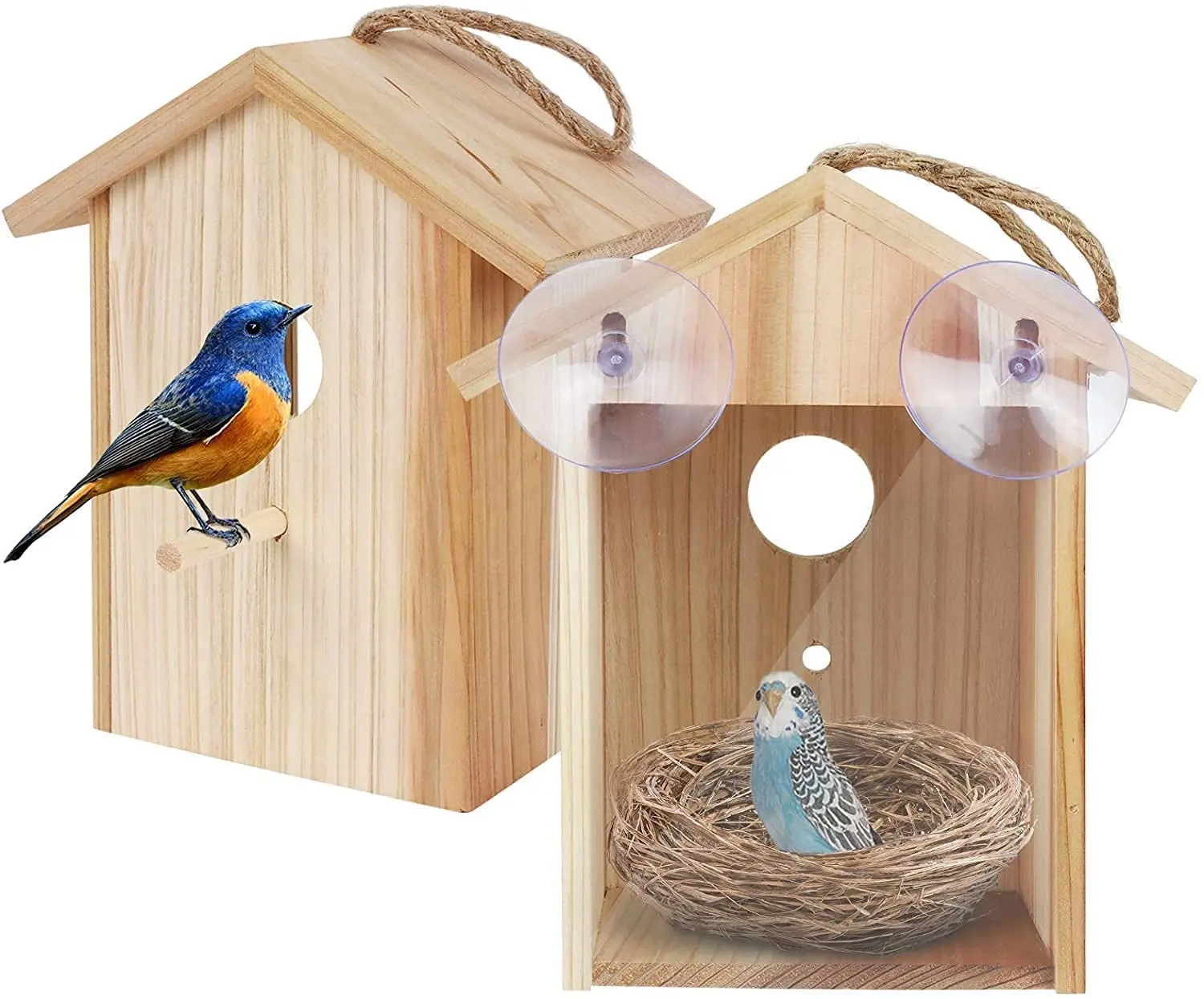 मजबूत चूषण कप के साथ खिड़की बर्ड फीडर और आउटडोर फांसी रस्सी परिप्रेक्ष्य लकड़ी birdhouse पारदर्शी चिड़िया का घोंसला डिजाइन