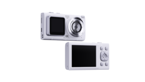 Cámara digital compacta CAM-07 con doble pantalla, sensor CMOS y soporte para tarjetas Micro SD en colores rosa, blanco y negro - Product Image 2
