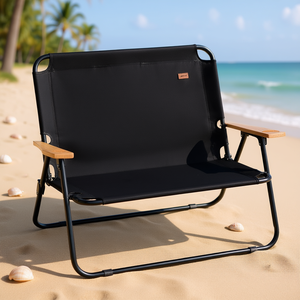 Chaise de camping double pliable portable en tissu Oxford noir avec cadre en acier et accoudoirs en bois pour l'extérieur, la plage et les voyages - Product Image 2
