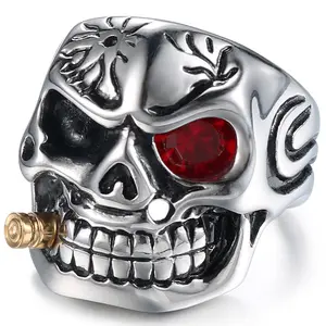 Mens Vintage Stainless Steel Gothic Skull Smoking Bullet Biker Rings Size 7-15 Fashion Jewelry Accessories Factory Wholesale OEM