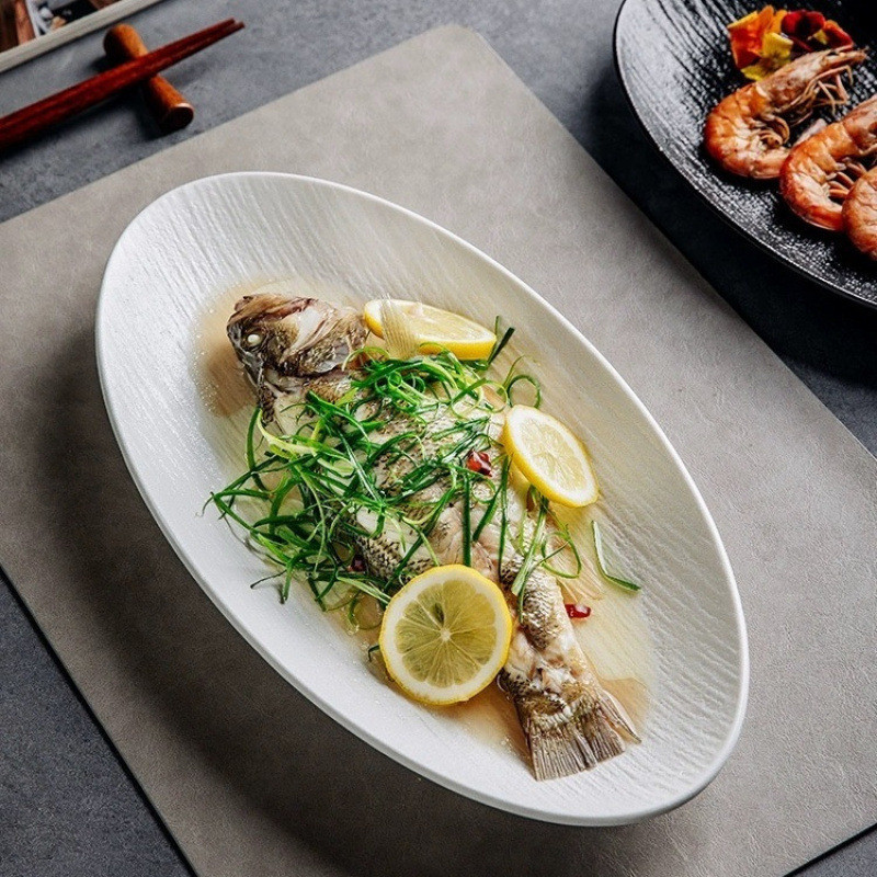 Stoneware Oval Fish Plate - Matte White & Black Ceramic