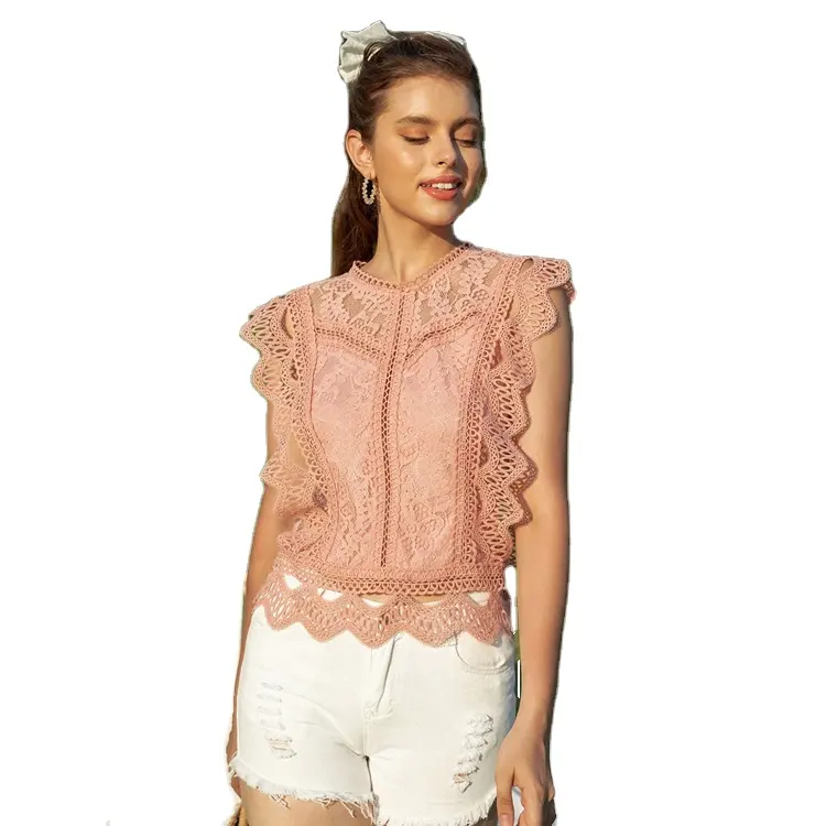 Ladies Fashion shirt blouse high neck Cotton Sleeveless Top White with Crochet Lace