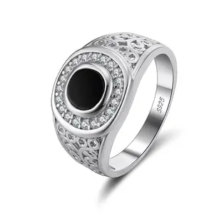 Fine Jewelry 925 Silver Ring Men Gold Plated Real Sterling Silver Round Black Agate With Zircon Gemstone Silver Ring For Men