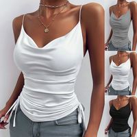 Haute qualité nouvelles femmes couleur unie col en V profond licou sangle serré cordon gilet décontracté t-shirt