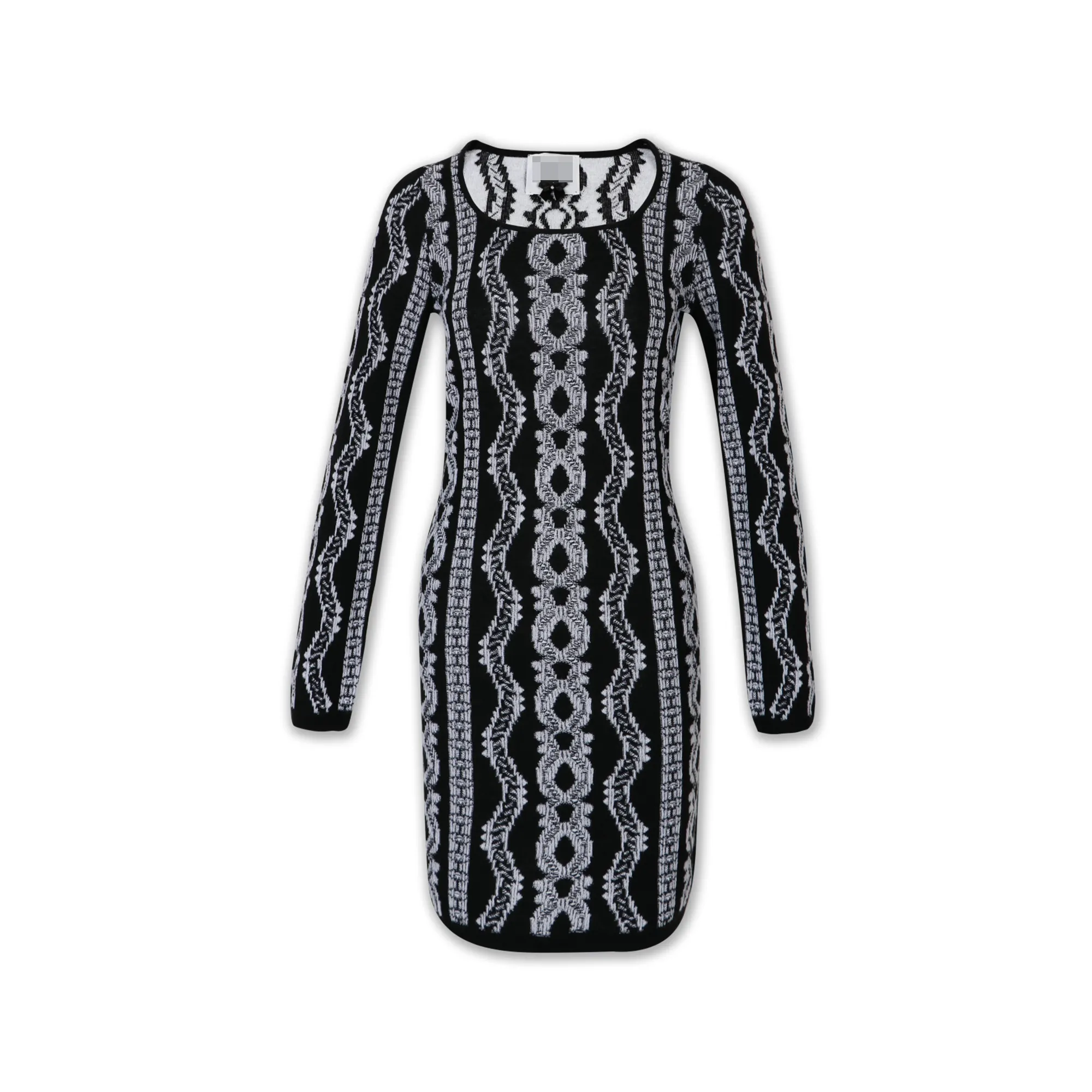 20ALW1223 Elegant Modern Design Baroque Style Jacquard Round Neck Long Sleeve Women Knit Dress Sweater