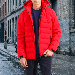 Red Men's Hooded Puffer Jacket Winter Down Filled Zip Up <b>Coat</b> Casual Outerwear Thick Polyester Shell Windproof - Product Image 4
