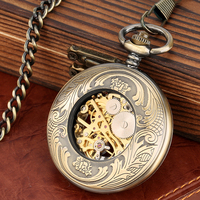 Montre de poche mécanique squelette vintage en bronze ajouré, demi-chasseur, steampunk, à remontage manuel, pour homme, cadeau