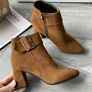 <span class=keywords><strong>Botas</strong></span> de Ante con Tacón Alto y Grueso, Hebilla en el Tobillo y Punta Puntiaguda para Mujer, Otoño/Invierno - Product Image 4