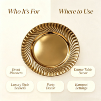 Assiette de présentation en plastique PP dorée électrolytique personnalisée, à bord ondulé et motif gaufré, pour décoration de table de mariage ou de fêtes