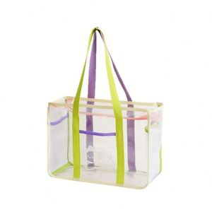 Outdoor Picnic Beach Mesh Tote Bag Macaron Contrast Color <b>Strap</b> Clear Visible Snack Cosmetic Grocery Storage Hand Bag - Product Image 1
