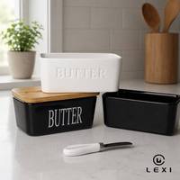Pot à beurre en céramique noir et blanc avec couvercle en bambou et couteau, boîte de conservation hermétique pour beurre, prêt à poser sur comptoir, ensemble de cuisine