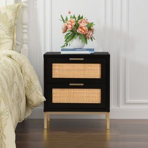 Farmhouse Black Wood Rattan Nightstand with 2 Drawers Bedside <b>Table</b> for Bedroom Modern <b>Storage</b> <b>Side</b> <b>Table</b> Furniture - Product Image 3