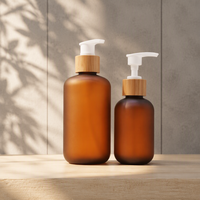 Botol PET Amber Frosted Grosir 150ml 200ml 250ml 500ml dengan Tutup Bambu untuk Kemasan Kosmetik Lotion Sampo Logo Custom