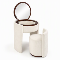 Ensemble coiffeuse rembourré crème avec miroir rond rabattable, rangement dissimulé, chaise assortie, mobilier de chambre