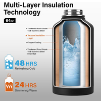 Thermos personnalisé de 2 litres (64 oz) en acier inoxydable avec paille, sac de transport et poignée en paracorde