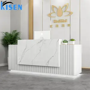 Kisen văn phòng truy cập thiết kế giá rẻ tiếp nhận bàn trắng màu be gỗ màu xám tiếp nhận bàn bàn với LED cho Thẩm mỹ viện