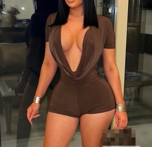 Combinaison décontractée pour femme Viviblook D25RP581, best-seller, couleur unie, coupe ajustée, sexy, col en V profond, manches courtes, combinaison moulante - Product Image 2