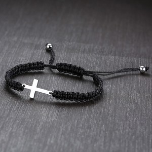 Handmade Woven Red Black Stainless Steel Cross <b>Bracelet</b> Trendy Religious Bangles with Diamond Hot Sale for <b>Couples</b> Friends - Product Image 3