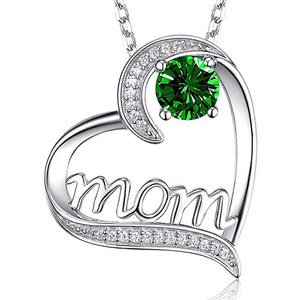Ciondolo Cuore Mamma in Argento 925 con Cristallo Verde e Strass, Collana Regalo Romantico per Donne - Product Image 1