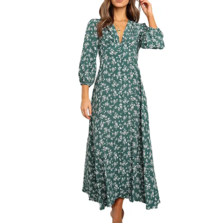 Hot Selling Chiffon V-neck Summer Women Maxi Floral Print Long Sleeve Ruffled Casual Dresses