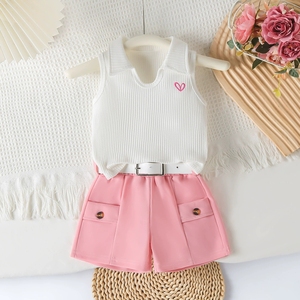 Ensemble 2 pièces pour filles, haut polo sans manches côtelé avec motif cœur, short <span class=keywords><strong>cargo</strong></span> à ceinture, vêtements d'été pour bébé de 1 à 4 <span class=keywords><strong>ans</strong></span> - Product Image 2