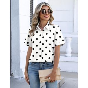 Camisa de Mujer con Botones y Estampado de Lunares, Manga Corta, Cuello Camisero, Blusa Informal, Tela Popelina, para Uso Diario - Product Image 2