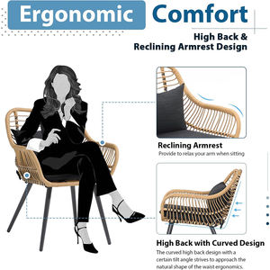 Ensemble de <span class=keywords><strong>2</strong></span> chaises de salle à manger en rotin d'extérieur avec coussins, accoudoirs, cadre en fer pour balcon, véranda, pelouse et jardin - Product Image 3