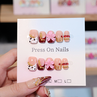 Kuku Palsu Pendek Persegi French Tip dengan Logo Custom, Bunga 3D Akrilik, Full Cover untuk Pemilik