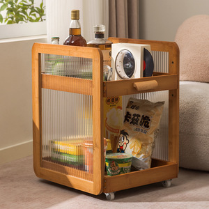 Mini Wooden Side Table With <b>Wheels</b> Storage Shelf Living Room Coffee Table Bedside Cabinet Movable Multi Functional Organizer - Product Image 1