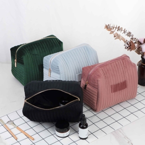 High Quality Custom Logo Travel Toiletry Storage <b>Bag</b> <b>Large</b> Capacity Pillow Striped Velvet Makeup Pouch <b>Cosmetic</b> <b>Bag</b> - Product Image 1