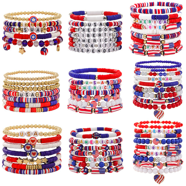 20 Styles Hot Selling 4Th of July USA Independence Day Flag Color Soft Polyester Clay Bead Stack Bracelets Set
