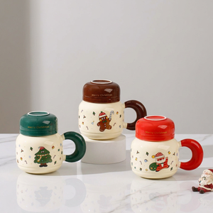 Ensemble de tasses à café en céramique de Noël mignonnes de 520 ml avec couvercle, sans danger pour les aliments, pour cadeaux promotionnels et usage festif - Product Image 3