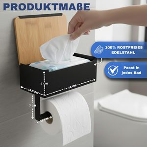 Moderno Portarotolo <span class=keywords><strong>per</strong></span> <span class=keywords><strong>Carta</strong></span> Igienica in Acciaio Inox e Bambù con Scatola <span class=keywords><strong>per</strong></span> <span class=keywords><strong>Salviette</strong></span> Umidificate <span class=keywords><strong>per</strong></span> <span class=keywords><strong>Bagno</strong></span> Senza Foratura - Product Image 2
