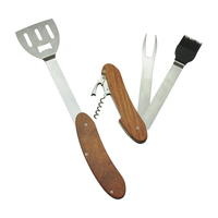 Meiji Best-seller Outil de barbecue multifonctionnel détachable 5 en 1 en acier inoxydable avec manche en bois pour le camping en plein air