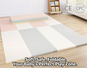 Tapis de jeu pliable multi-panneaux rose pastel, blanc et gris pour la décoration de la chambre d'enfant, mousse douce et sûre, zone de jeu idéale, certifié CE et CPC - Product Image 1