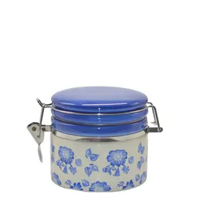 Mini jarra con patrón de flores azules, bote de cocina de cerámica con tapa con bisagras de acero inoxidable