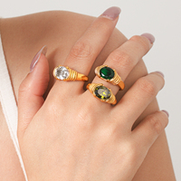 H&C Waterproof Stainless Steel Jewelry 18K PVD Gold Plated White Emerald Olive Green Shiny Zircon Ring for Anniversary Gift