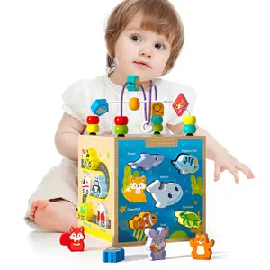 Wooden Montessori Multifunctional Puzzle Shape Matching Bead Winding Treasure Box Baby Early Education Toy Matching Box