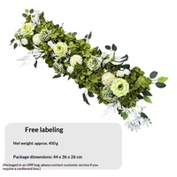 Panel Bunga Pernikahan Putih Hijau 100cm, Rangkaian Bunga Tiruan Mawar Hydrangea untuk Dekorasi Meja Pesta, Lorong, dan Latar Belakang