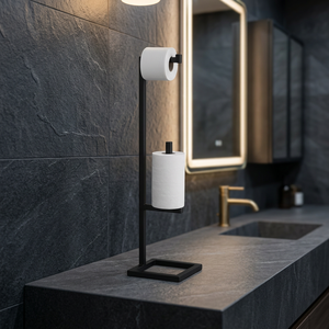 Modern Minimalist <b>Toilet</b> Paper Holder Black Metal Free Standing Countertop Bathroom <b>Accessory</b> Rectangular Design - Product Image 3