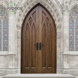 Customized Gothic Design Oak Mahogany Finished Wooden Double Door with Decorative Lines Pointed Arched Solid Wood Exterior Doors - Product Image 1