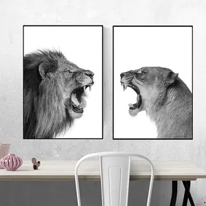 Lion Lionne Toile Affiche Noir Blanc Woodlands Art Animalier Imprimé Peinture Pépinière Mur Art Image Pour Salon