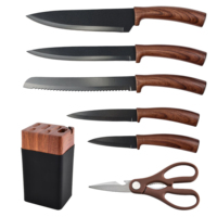 7pcs Pisau Dapur Stainless Steel Motif Kayu Bilah Anti Lengket Gagang pp Set Pisau Koki Hitam Dengan Blok Pengasah Terintegrasi