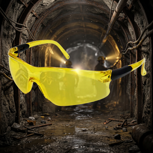 Lunettes de sécurité construction routière monture nylon lentille PC jaune branches réglables trou cordon - Product Image 1